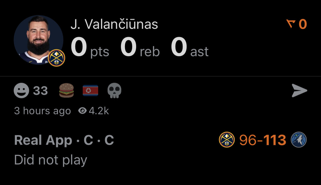 Nuggets wouldn’t let Jonas Valanciunas join Panathinaikos in Euroleague last season just to DNP him in the playoffs against the Timberwolves months later. He probably would’ve been useless in game 3, but this is still funny.