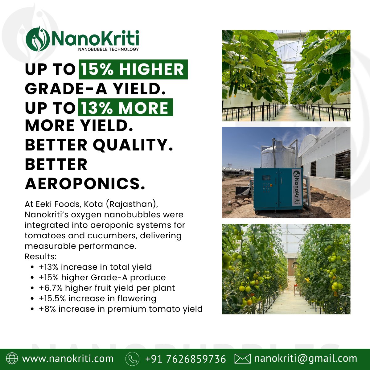 nanokriti's tweet image. Same land. Same seeds. Same inputs.
Different yield. Why?
#Nanobubble Technology by @nanokriti  improves water quality-#boosting #oxygen, nutrient uptake, and plant health.

🌱 Faster #growth
📈 Higher yield
💧 Less water, less #fertilizer

Smarter water = #smarter #farming.