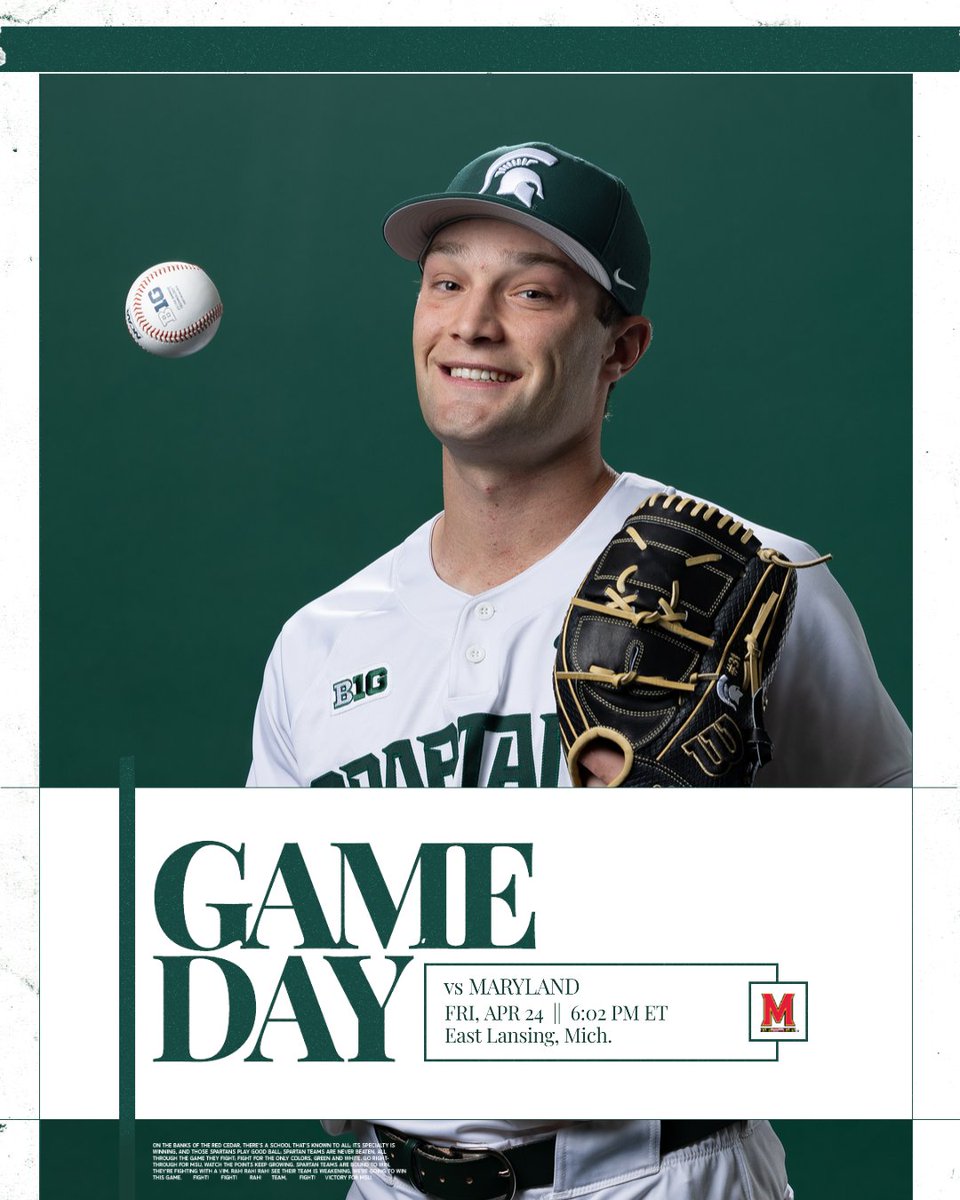 MSUBaseball's tweet image. It's a Friday Spartan Game Day... at night!!

MSU faces Maryland in G1 of 3-game @B1Gbaseball series!!

🆚Maryland
🏟️East Lansing, MI
🕕6:02 pm
💻sprtns.co/48mftn8
🔢sprtns.co/41TdSl2
📻sprtns.co/4ct7eYV
🎟️sprtns.co/BSBTix

#GoGreen | @JdGreeley8448
