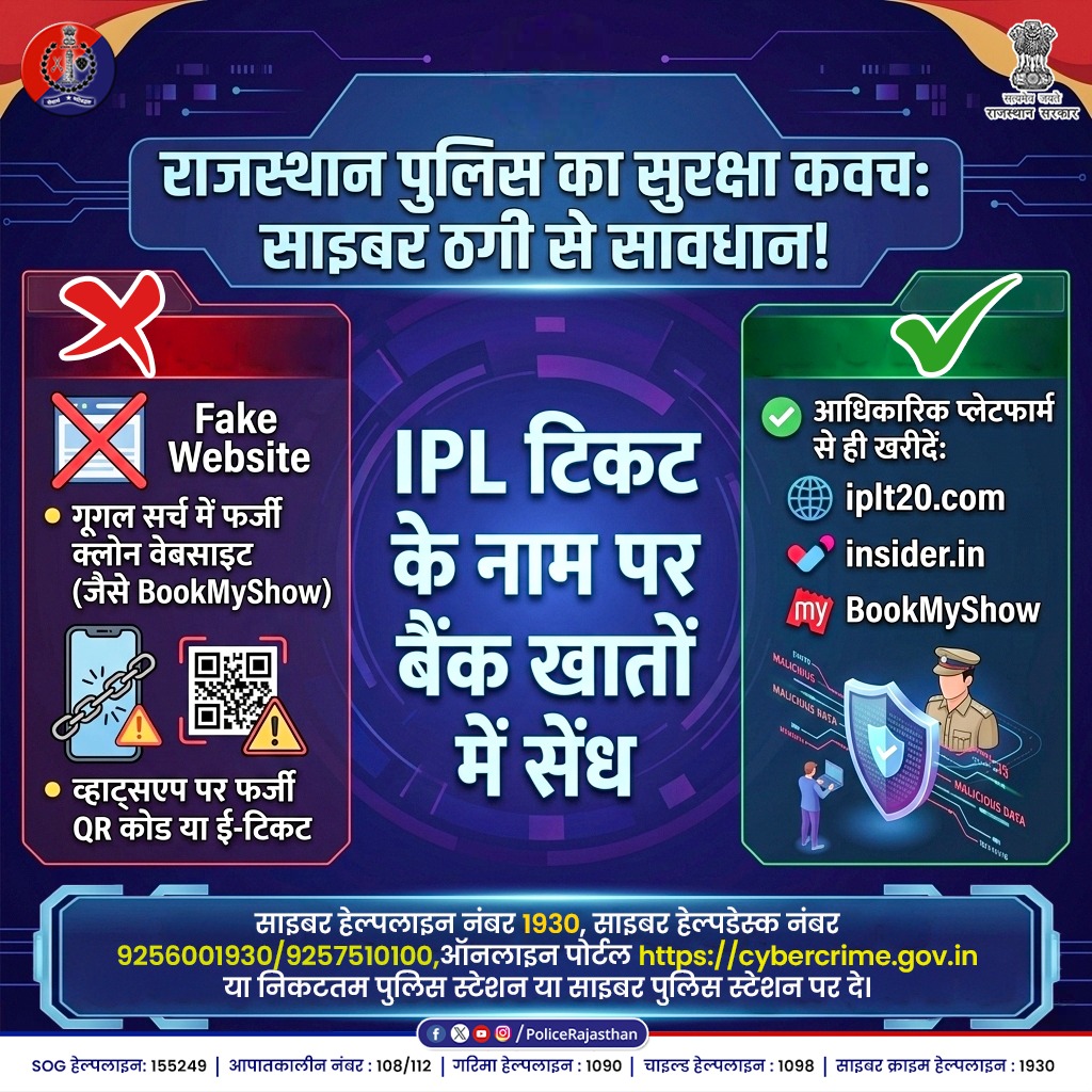 Igp_Jodhpur's tweet image. क्रिकेट का जुनून कहीं आपकी जमापूंजी पर भारी न पड़ जाए! 

आईपीएल 2026 के दौरान टिकटों की भारी मांग का फायदा उठाकर साइबर अपराधी फर्जी 'क्लोन' वेबसाइट्स और सोशल मीडिया विज्ञापनों के जरिए आपको शिकार बना सकते हैं।

#CyberCrimeAwareness #PoliceAdvisory 
 #CrimePrevention
