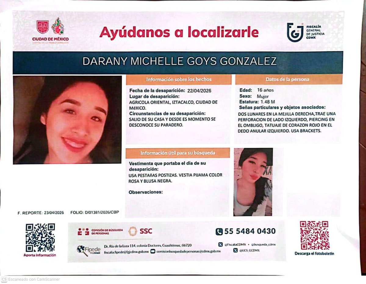 Por favor difundamos 🙏
🔎 Señas para identificarla:
​Tiene dos lunares muy distintivos en la mejilla derecha.
​Un tatuaje de corazón rojo en el dedo anular izquierdo.
​Usa brackets y tiene un piercing en el ombligo.
​Vestía pijama rosa y blusa negra cuando se le vio por última