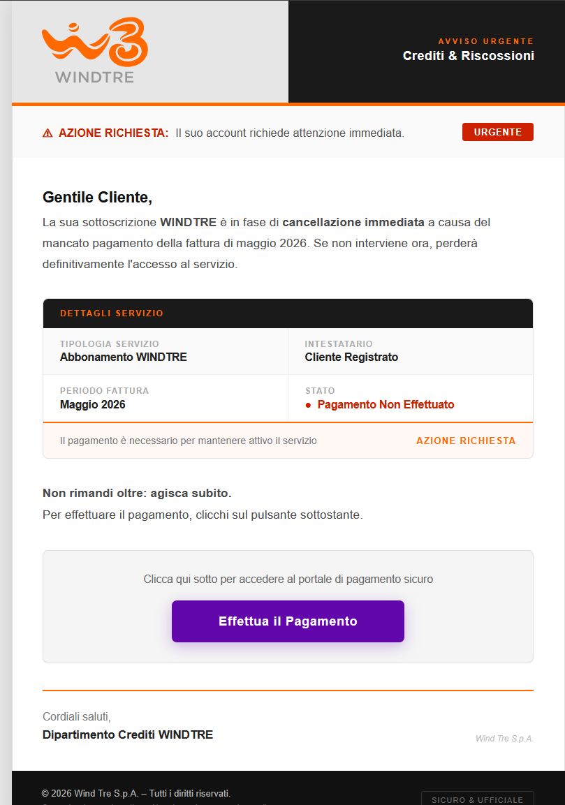 JAMESWT_WT's tweet image. "Cancellazione immediata: Pagamento fattura maggio 2026"
#phishing @WindTreOfficial 

⛔️https://sensitive-olive-alligator.31-22-7-7.cpanel.]site/wind/