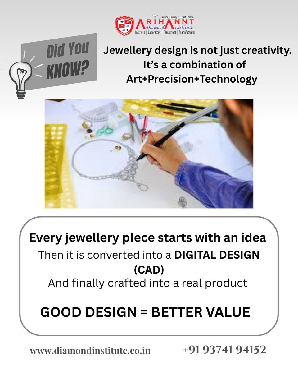 arihantdiamondi's tweet image. Jewellery Design is more than just creativity… it’s a powerful skill 💍🔥📍 Learn it all with practical training
📞 9374194152
🌐 diamondinstitute.co.in#JewelleryDesign #CADDesign #CreativeCareer #LearnDesigning #DiamondInstitute #SkillDevelopment #DesignToProduct #Surat