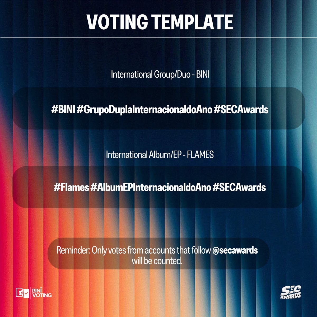 BINIVotingTeam's tweet photo. [📣] SEC AWARDS 2026

MASS VOTING SCHEDULE and Tags Update

Pindot pindot time! Tara na at mag-sabay sabay na mag-post mamaya. Check out our mass voting schedule for today and join us in voting!

Check the replies for the new format!

🔗:https://t.co/OGUipGOiN7

#BINI @BINI_ph https://t.co/BZfLRRbDZy