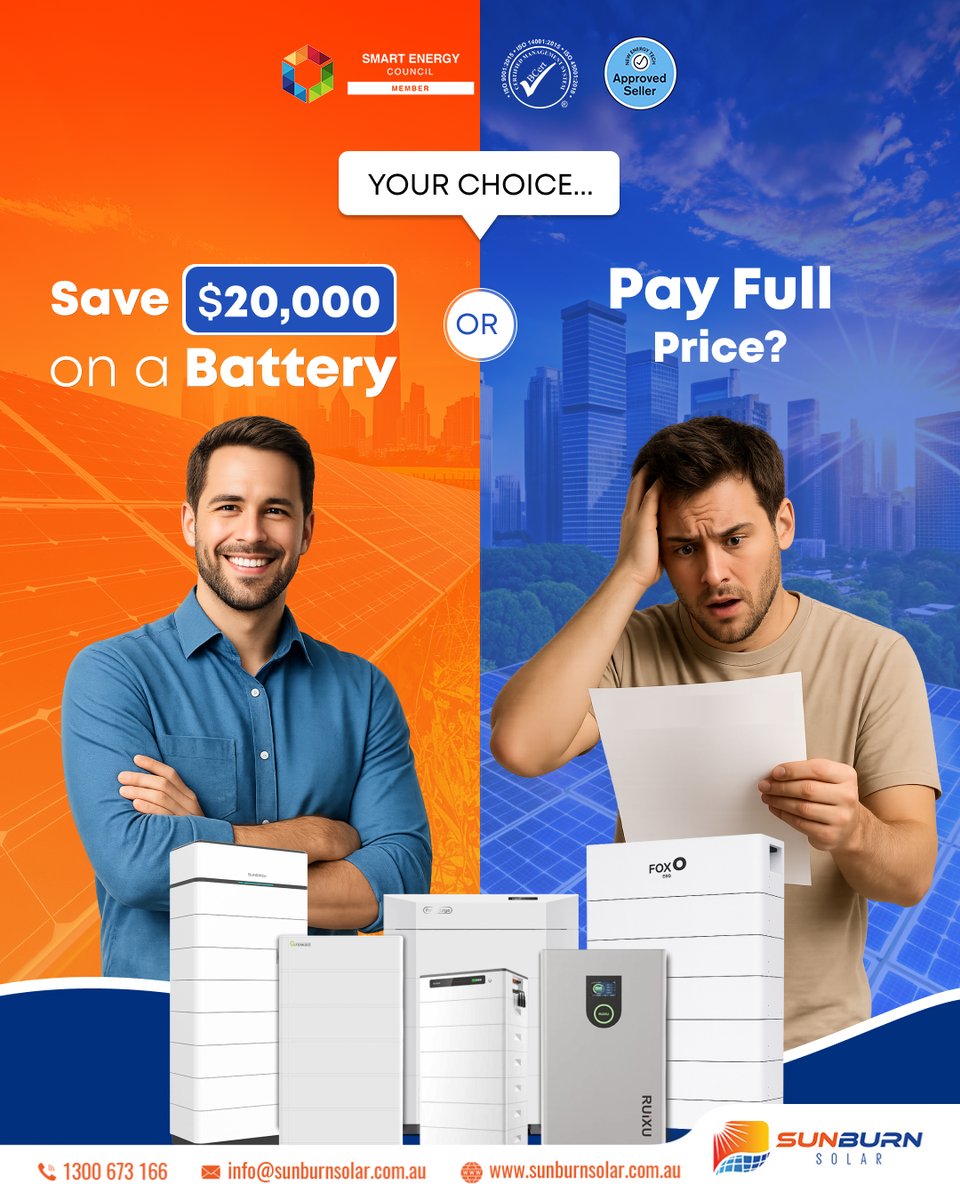 SunburnSolar's tweet photo. Don’t overpay for your #battery. Go #solar now &amp; lock in the #savings while they last ⚡ 
Book your #consultation today: 📞1300673166
Visit Now: https://t.co/A7IH2Wotvk
 
#sunburnsolar #Melbourne #solarbattery #batterystoragesystems #solarenergy #greenenergy #solarsavings #solar https://t.co/kaqOTDxp2k