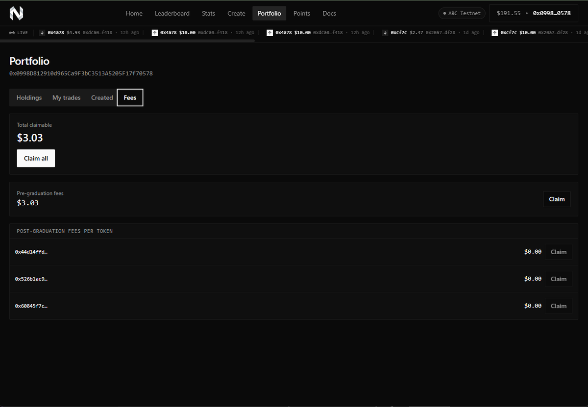 Noxara_arc's tweet photo. Noxara is live on Arc testnet ⚡

We’re building a token experimentation layer:
– bonding curve launches
– real-time stats
– on-chain fee tracking

Current state:

191 tokens deployed, $536 bonding TVL
Still early - testing mechanics &amp; UX in public

Docs : https://t.co/2W4BpX0An3 https://t.co/MUoNpZrqu6