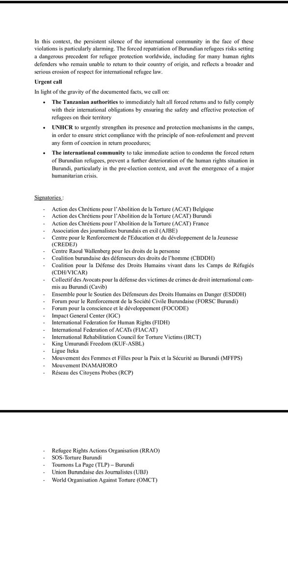#Alerte The imminent closure of Nduta camp, announced by the Tanzanian authorities, poses a serious and immediate risk of further forced returns of Burundian refugees. <a href="/DefendDefenders/">DefendDefenders</a> <a href="/jumuiya/">East African Community</a> <a href="/EACJCourt/">East African Court of Justice</a> <a href="/BurundiGov/">Primature de la République du Burundi</a> <a href="/GeneralNeva/">SE Evariste Ndayishimiye</a> <a href="/tanzaniagov/">Tanzania Government</a>