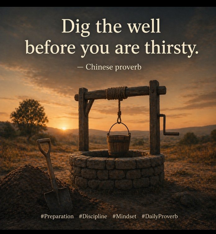 Quote89211Daily's tweet photo. Dig the well before you are thirsty. — Chinese proverb

Takeaway:
Don’t wait for problems to act.
Prepare early. Build before you need it.
That’s how you stay ahead.

#Preparation #Discipline #Mindset #DailyProverb https://t.co/4Fz3TIJSxI