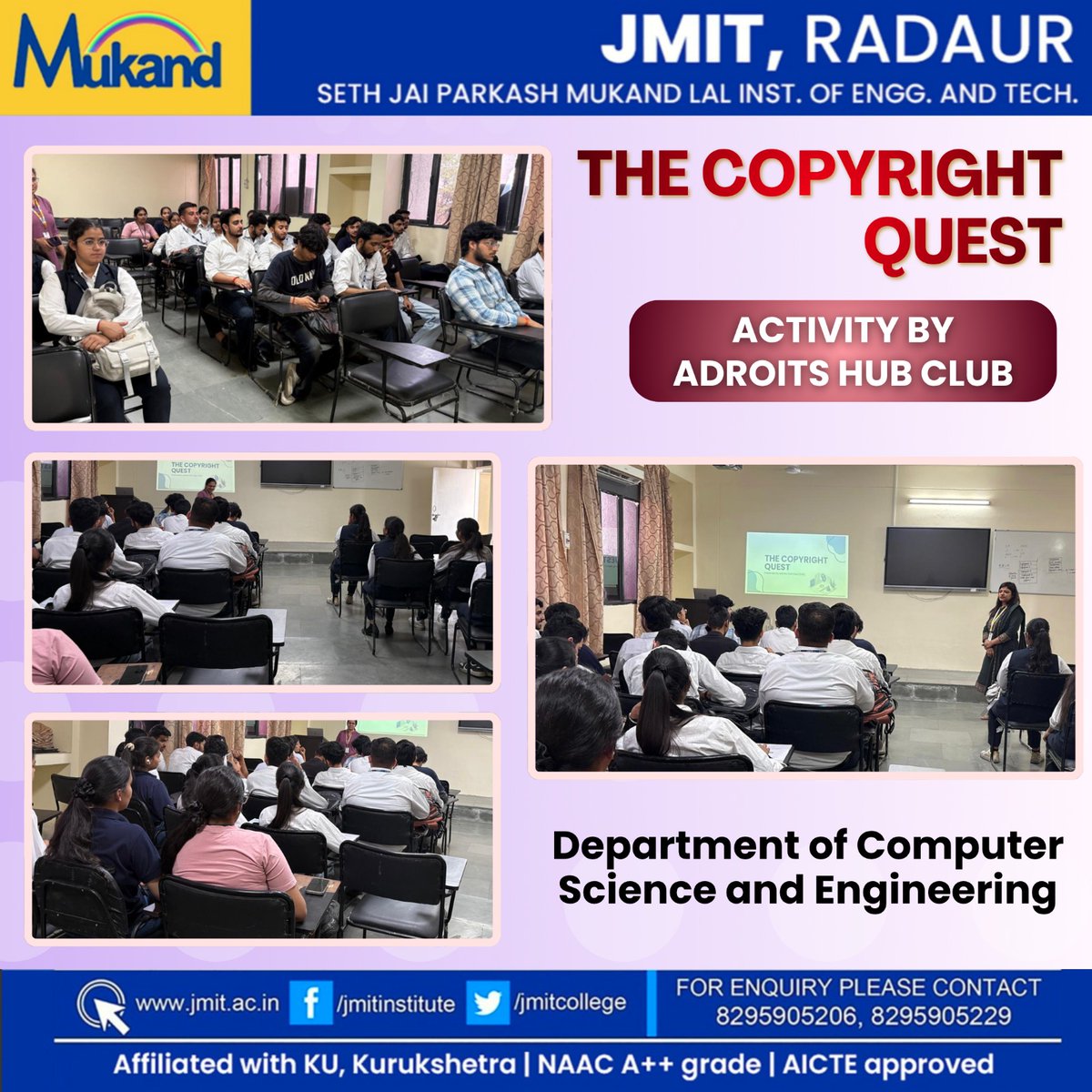 JmitCollege's tweet image. JMIT, Radaur organized “The Copyright Quest”, an insightful activity by Adroits Hub Club focusing on intellectual property and ethical use of content.
A step towards building responsible future professionals.
#JMITRadaur #StudentActivity #FutureEngineers #CampusLife