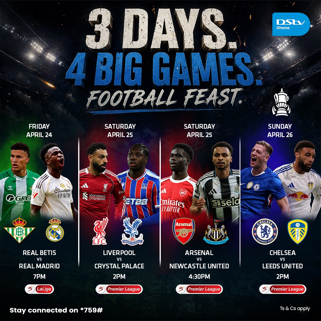 DStv_Ghana's tweet photo. BIG football line-up! ⚽💥
From a La Liga clash to Premier League showdowns, and FA Cup semi-finals between Leeds and Chelsea.
📲 Download the MyDStv App or dial *759# and subscribe on #DStvCompact to watch it all unfold LIVE in HD on SuperSport! #ItsONDStv! https://t.co/5fbIoK2bY6
