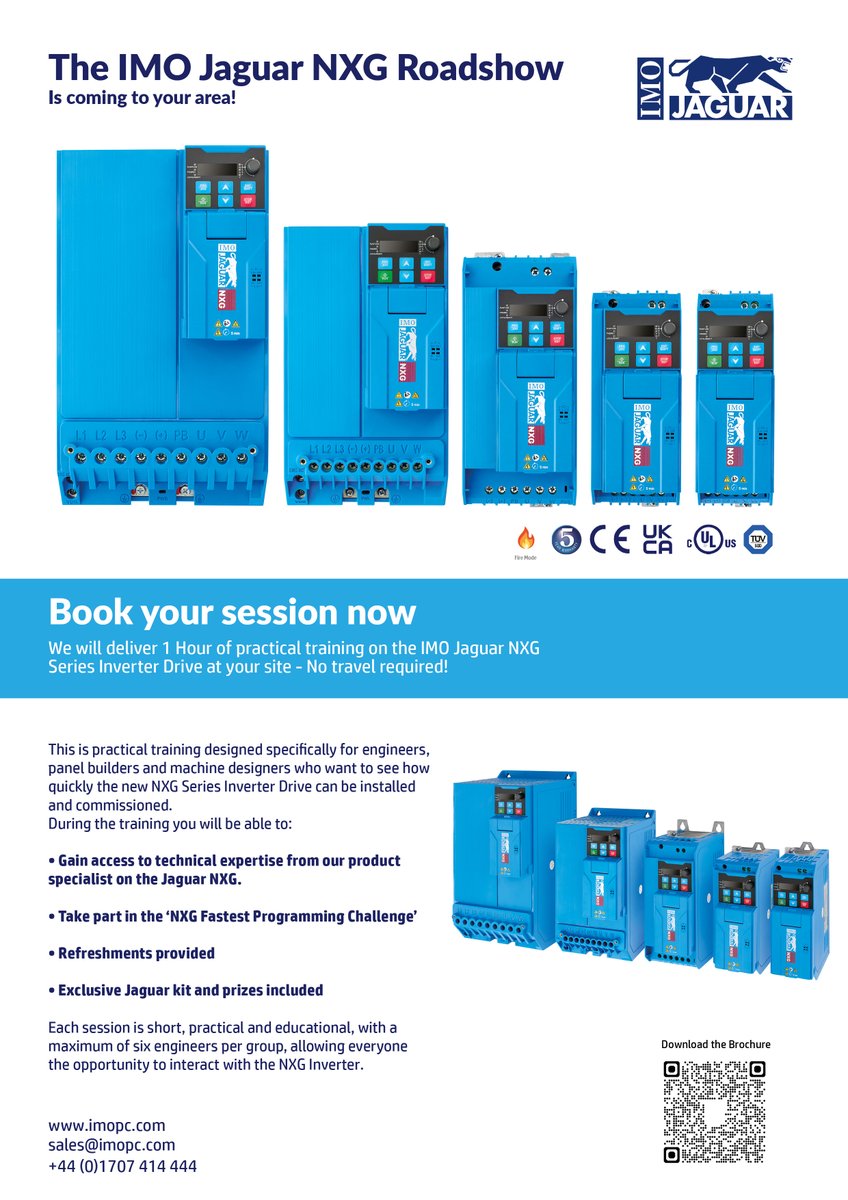 The NXG Roadshow is coming to you 🚀

Get hands-on with our Jaguar NXG Series Inverter Drive with 1-hour on-site training (no travel needed).

🤝 Live demos
⚙️ Expert support
🧑‍💻 Programming challenge
🎊 Prizes

Book your visit: sales@imopc.com