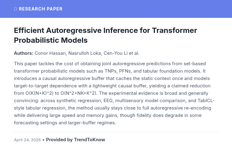 aitrendings's tweet image. Efficient Autoregressive Inference for Transformer Probabilistic Models

👥 Conor Hassan, Nasrulloh Loka, Cen-You Li et al.

#AIResearch #NLP #Transformers #AI

🔗 trendtoknow.ai/paper-reviews/…