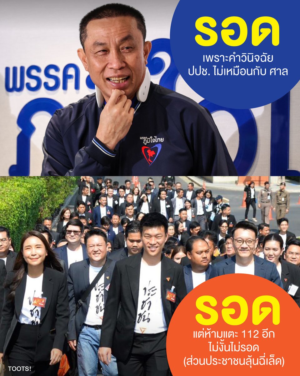 "รอดเหมือนกัน แต่คนละแบบ"

Update #คดี44สสก้าวไกล
วันนี้ (24 เม.ย. 69) ศาลฎีกามีคำสั่งรับฟ้อง #คดี44สส ไว้พิจารณาวินิจฉัย 

ทั้งนี้ ศาลฎีกามีคำสั่งให้ 10 สส. พรรคประชาชน ปฏิบัติหน้าที่ต่อไป โดยห้ามกระทำซ้ำ หรือกระทำการใดๆ หรือแสดงความเห็นเกี่ยวกับประเด็นการเสนอแก้ #มาตรา112