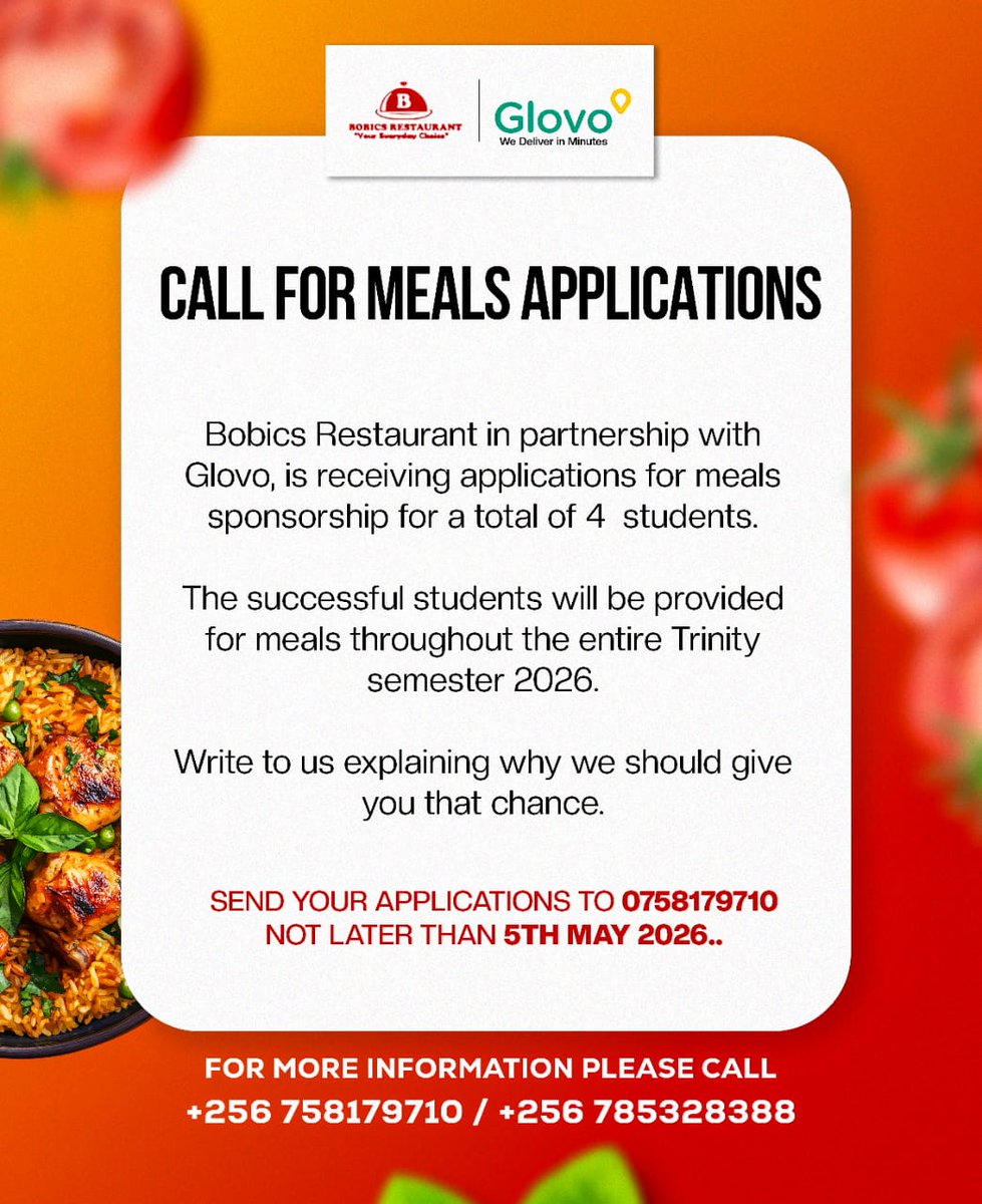 opqueyie's tweet photo. .@BOBICS__ Restaurant has partnered with @GlovoUg on an exciting initiative to sponsor full meals for 4 students at @UCUniversity Mukono this semester.

Apply now to be considered. https://t.co/IsVwgIrlCW