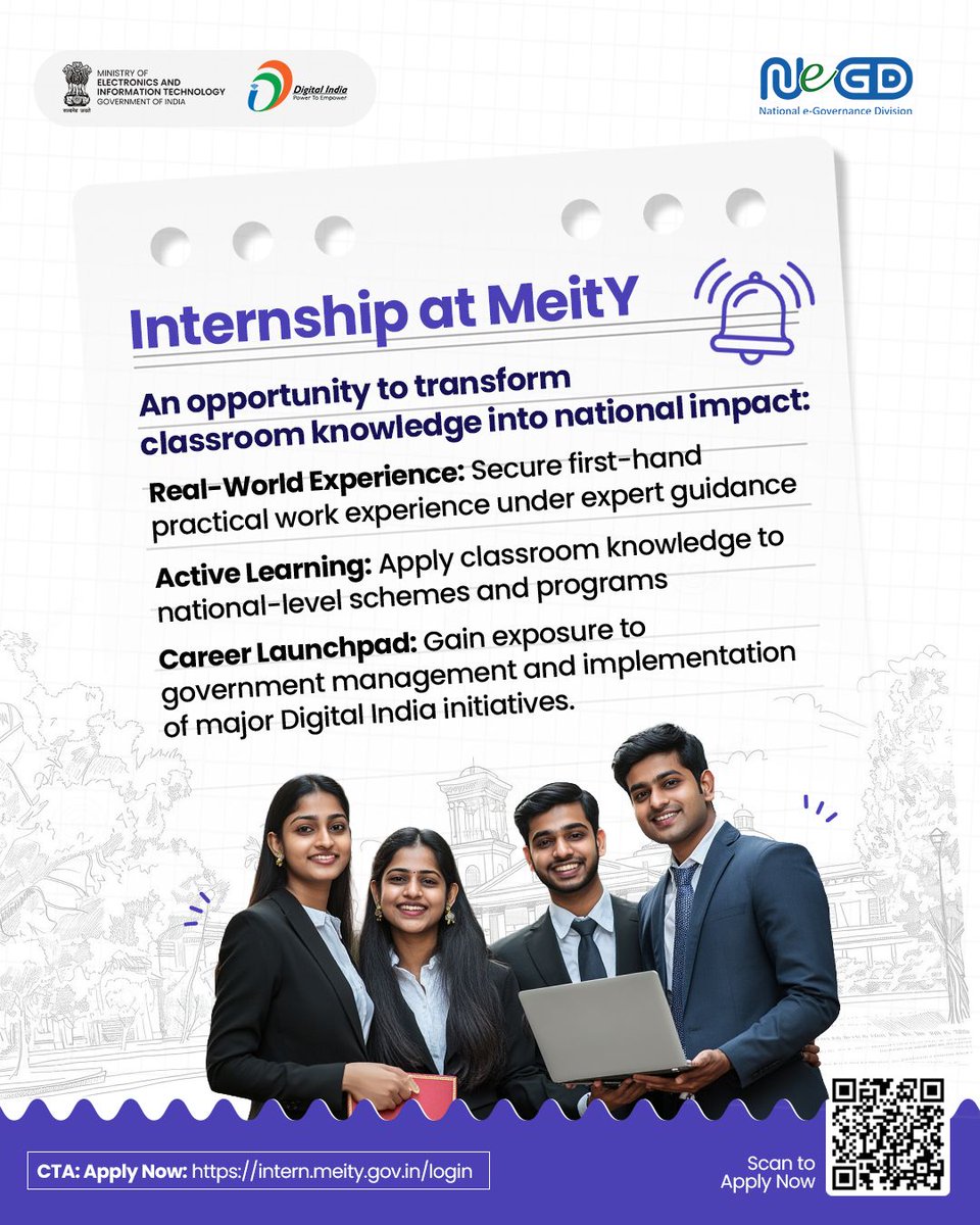 GoI_MeitY's tweet image. Beyond the certificate, what will you actually gain?

As a MeitY intern, you'll work side-by-side with experts, applying your knowledge to real-world national initiatives. 

#DigitalIndia #MeitYInternship #Internship2026