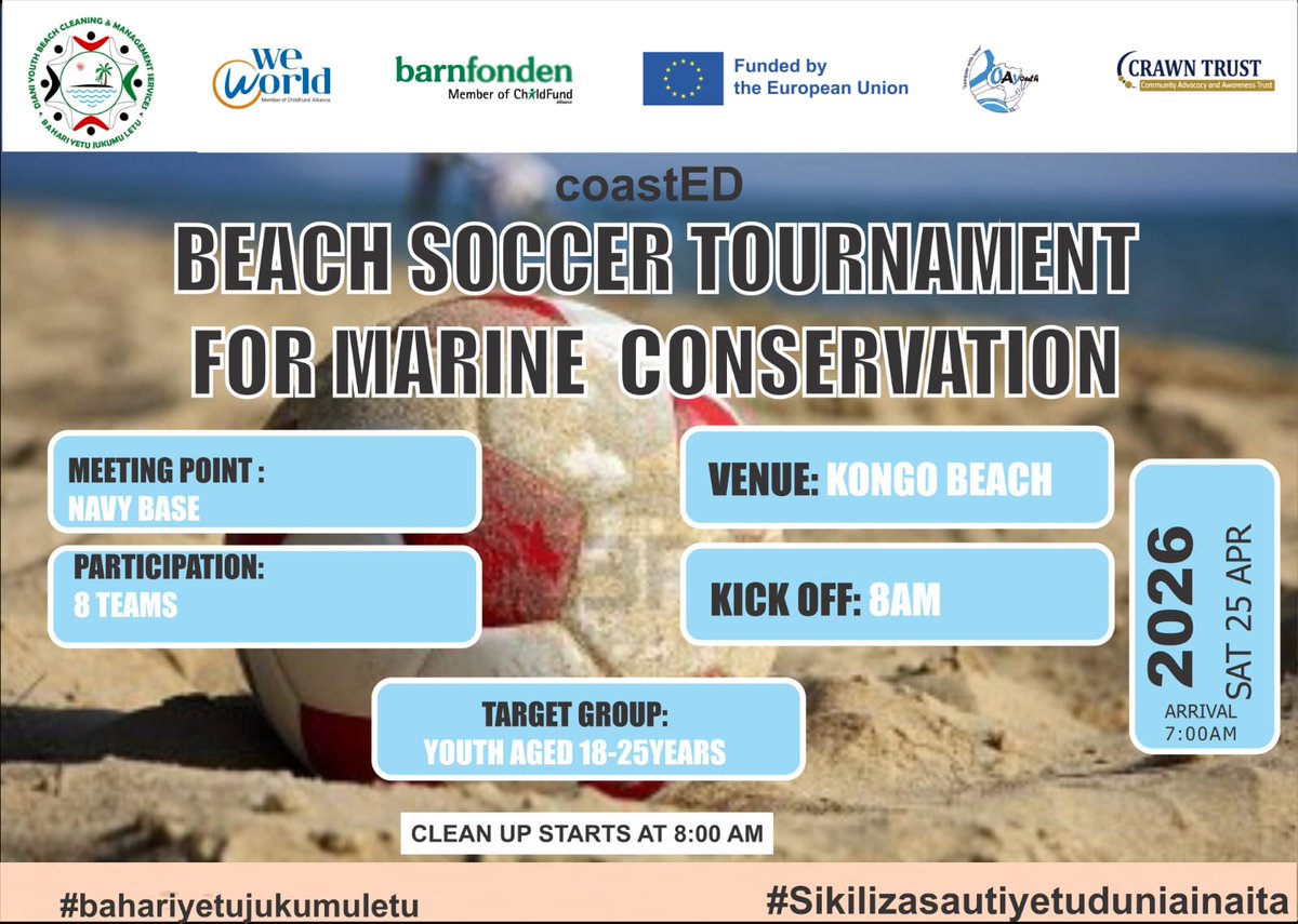 dianiyouthbeach's tweet photo. This Saturday, DYBC hosts a youth beach soccer tournament at Kongo Beach, using sport to raise awareness on plastic pollution and marine conservation.
Part of the COASTED Project, funded by the EU in Kenya and implemented by WeWorld Global with partners.
 #CoastED #ClimateAction https://t.co/HWLr2g8hCf