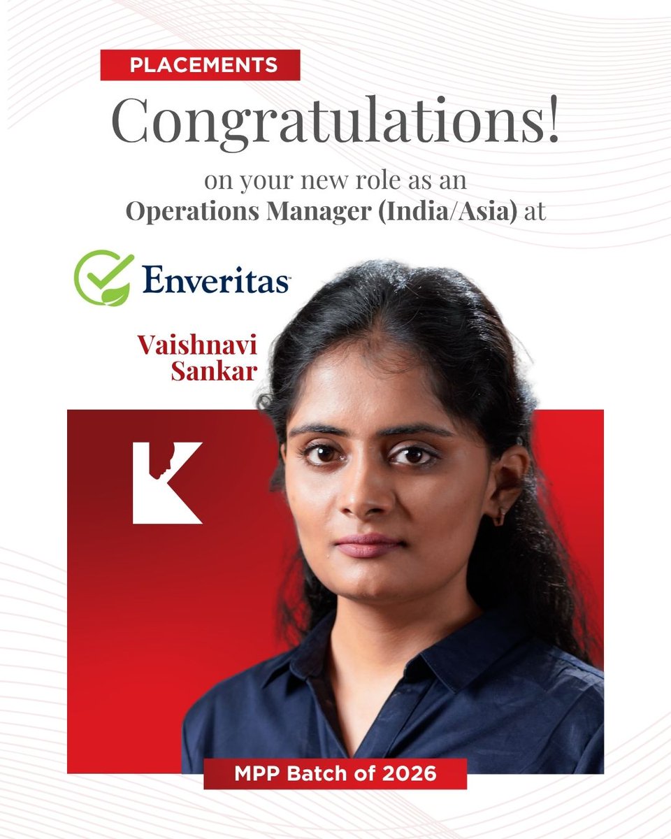 KautilyaSPP's tweet image. Congratulations to Ms. Vaishnavi Sankar from MPP Class of 2026 on securing an Operations Manager role (India/Asia) at Enveritas!

Wishing you great success in scaling sustainable operations across Asia through your strategic vision and execution.

#Enveritas #PublicPolicy #KSPP