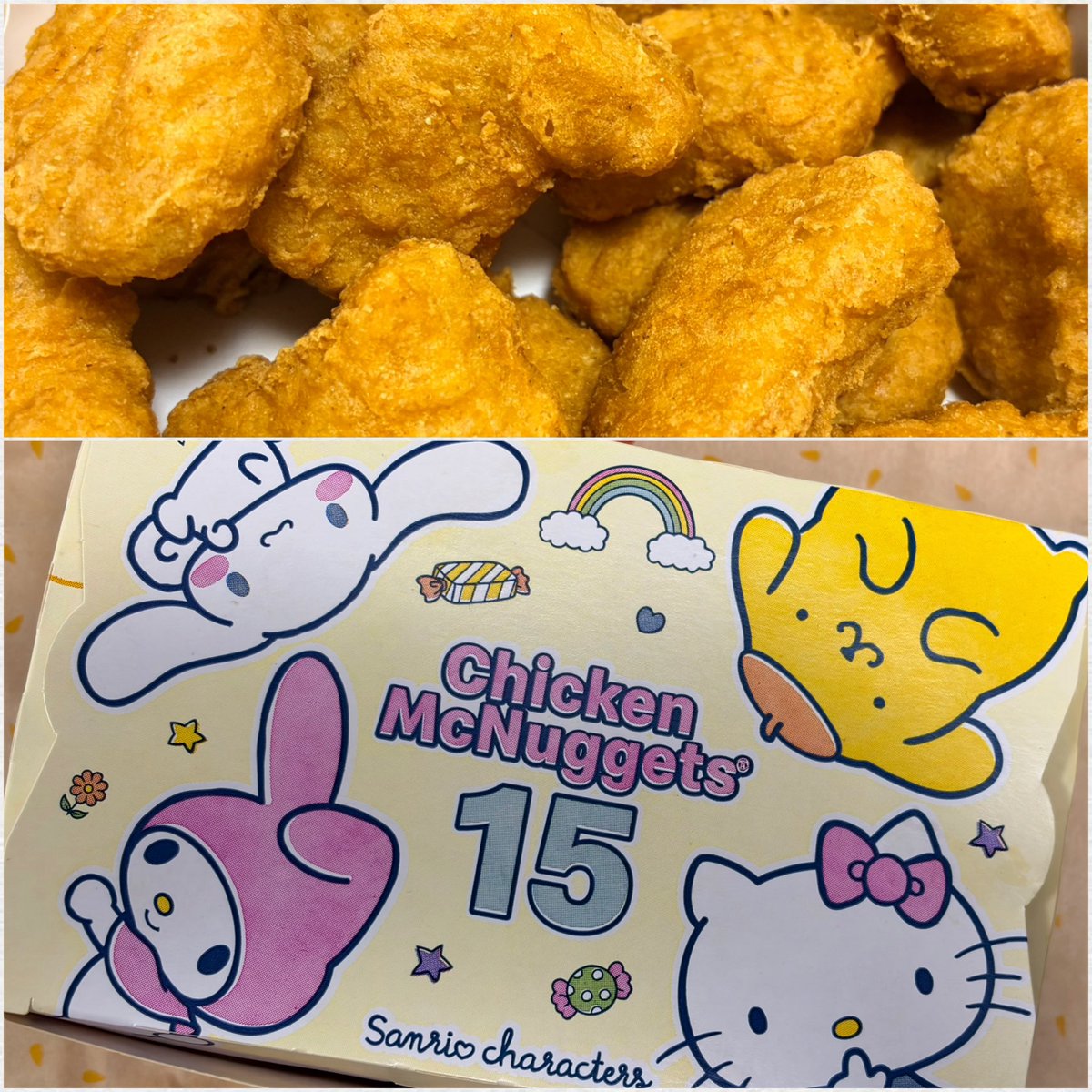 TEA06244118357's tweet image. ￼マックのチキンマックナゲット®15ピースのパッケージがサンリオキャラクターコラボの数量限定パッケージになってると知って買ってきた！期間限定で740円→490円になってるしなんか２倍得した気分🤭
可愛い♡ 
#マクドナルド　#チキンマックナゲット
#McDonalds