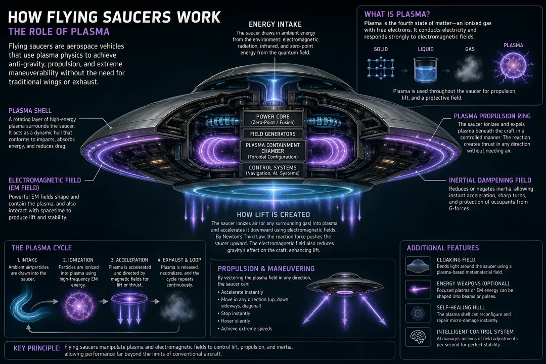 Plasma is widely considered a key component in theoretical and speculative models of Unidentified Flying Object (UFO) propulsion...🛸🛸🛸

If you look at this from a physics standpoint, plasma is the only  state of matter that can be actively shaped and controlled by