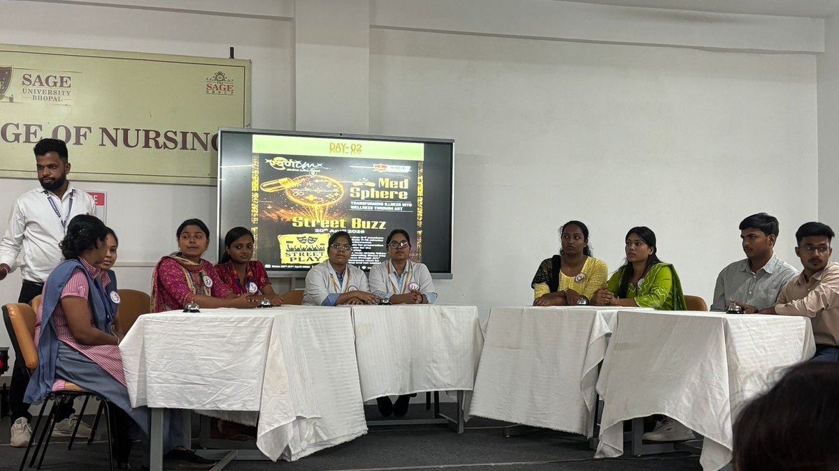 BhabhaUniversty's tweet photo. Students from the #FacultyofNursing at #BhabhaUniversity Bhopal actively participated in the #MedSphere event, themed "Transforming Illness into Health through Art," held at #SageUniversity, Bhopal. They won third prize in the Mind Mashup competition, 
#BscNursing https://t.co/cJsv8WCbBz