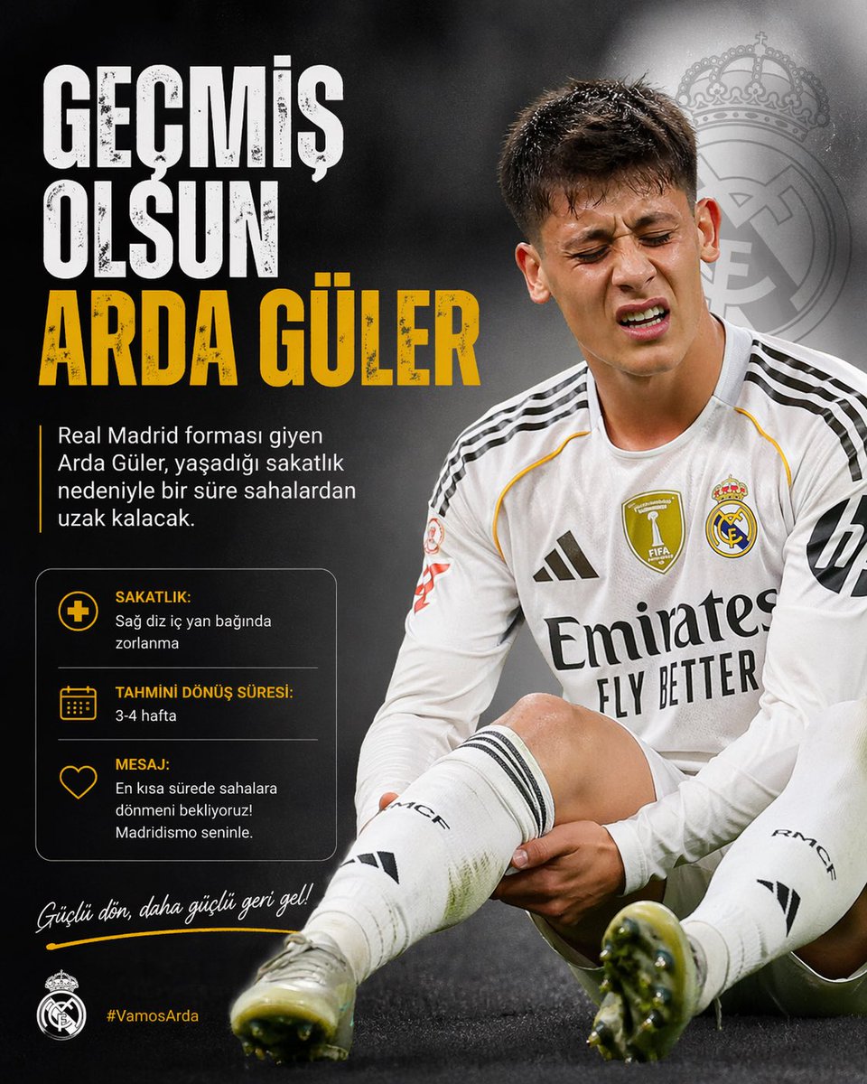 Feneristcom's tweet image. GEÇMİŞ OLSUN ARDA

Arda Güler’in Real Madrid’le sezonu, biceps femoris kasından yaşadığı sakatlık sonrası neredeyse sona erdi ❌🤕

Arda, 2026 Dünya Kupası’na dönmeye odaklanacak 🇹🇷

(Fabrizio Romano)

#Fenerbahce #Futbol #Sports