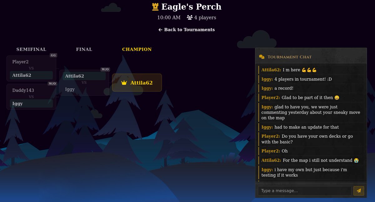 cstlwrslgcy's tweet image. Just had a tournament with 4 players! cant explain how happy it makes me to see something like this unwrap :)
one player did not show up, 2 players had an epic battle and then a bug happened in finals which made me forfeit the match. But still... Amazing! #indiedev
