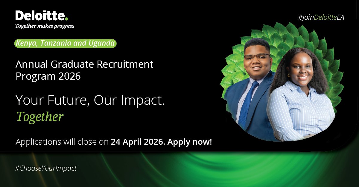 DeloitteKenya's tweet image. Applications close today! We're searching for exceptional individuals like you to #JoinDeloitteEA and make an #ImpactThatMatters. Apply now:
 
deloi.tt/4lQYrDi
 
#ChooseYourImpact #TogetherMakesProgress #DeloitteGraduateRecruitment