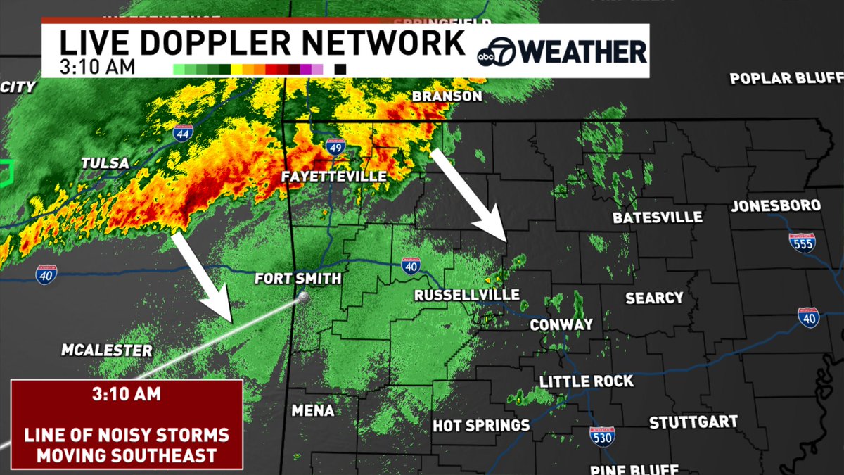 AustinBurkeswx's tweet image. 3:10 AM Friday | Our first round of storms is moving southeast through NW Arkansas.

It'll be near central Arkansas later this morning lingering into the afternoon. Heavy rain, lightning, and perhaps gusty winds are possible. #arwx #arkansas