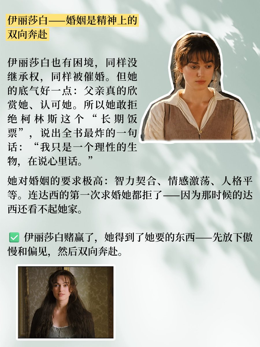 Vic21166917's tweet photo. 她们都是人间清醒

同一个困局下的两种选择：
夏洛特看清了规则，把规则用到了极致。
伊丽莎白看清了规则，依然敢跟命运讨价还价。
一个求“安身”，一个求“契合”，没有谁对谁错。
#傲慢与偏见 #PrideandPrejudice https://t.co/esDNL0WNmf