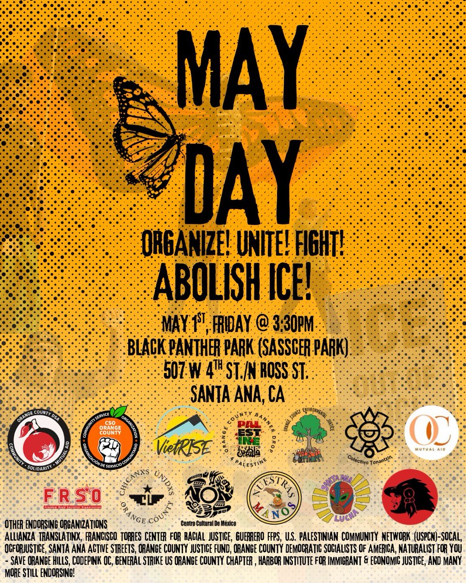This May 1st  OCDSA is proud to join a coalition of organizations across Orange County on the unceded land of the Acjachemen and Tongva peoples to honor  the legacy of the General Strike of 1866. 

A historic movement that won  the 8-hour work day.

March with us.