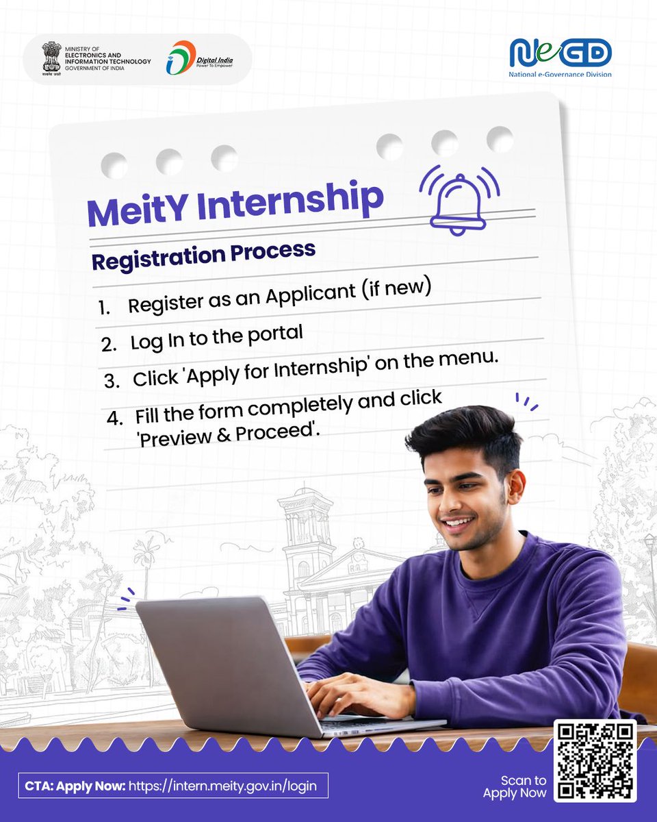 GoI_MeitY's tweet image. Follow these steps to submit your application for the Digital India Internship Scheme 2026. 

Make sure all your details are correct before hitting 'Preview &amp;amp; Proceed'! Link in bio to apply.

#DigitalIndia #MeitYInternship #Internship2026
