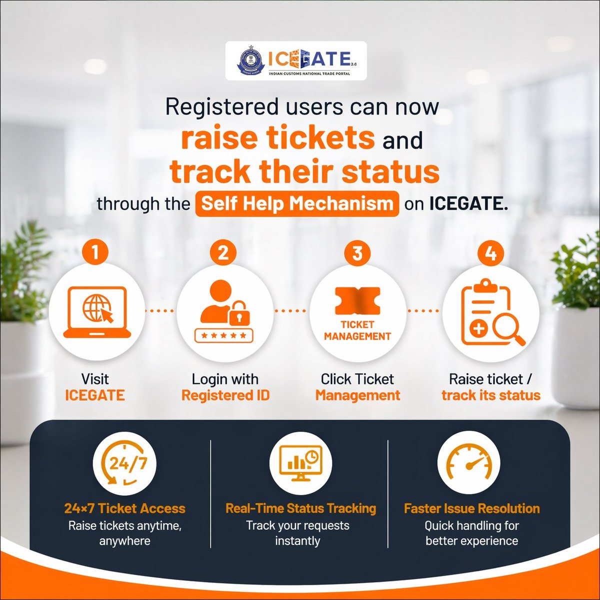 ICEGATE_CBIC's tweet image. 🚨 Need help on #ICEGATE? No more waiting!

✅ Raise tickets anytime
✅ Track status in real-time
✅ Get faster resolutions
All through the Self Help Mechanism 💻

👉 Login &amp;amp; get started now: icegate.gov.in

#EaseOfDoingBusiness #DigitalIndia #Customs #TradeSimplified