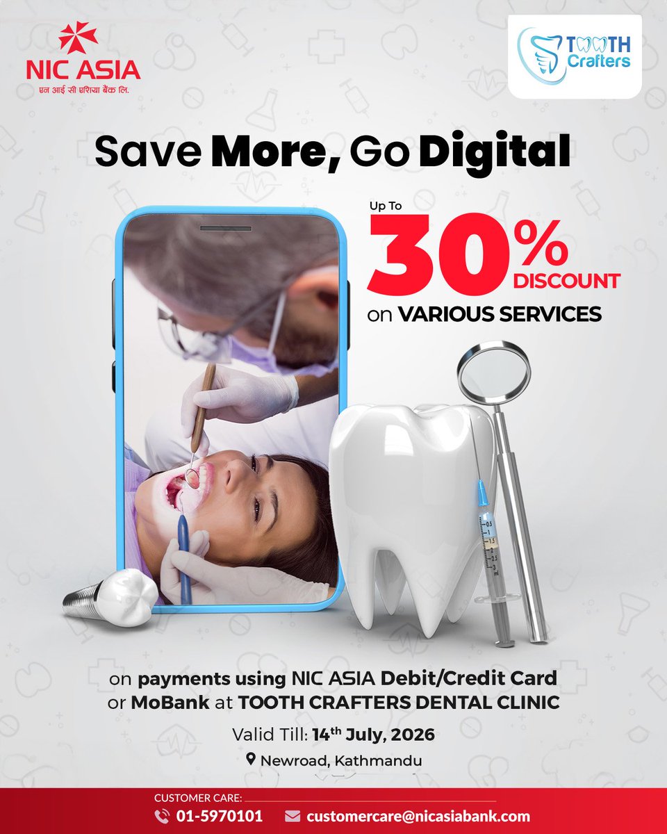 NICASIABank's tweet image. Confident Smile. Comfortable Payments.

Get upto 30% discount on various services on payments using NIC ASIA Debit/Credit Card or Mobank at TOOTH CRAFTERS DENTAL CLINIC.

#NICASIABank #GoDigitalSaveMore #DoMore #DentalCare