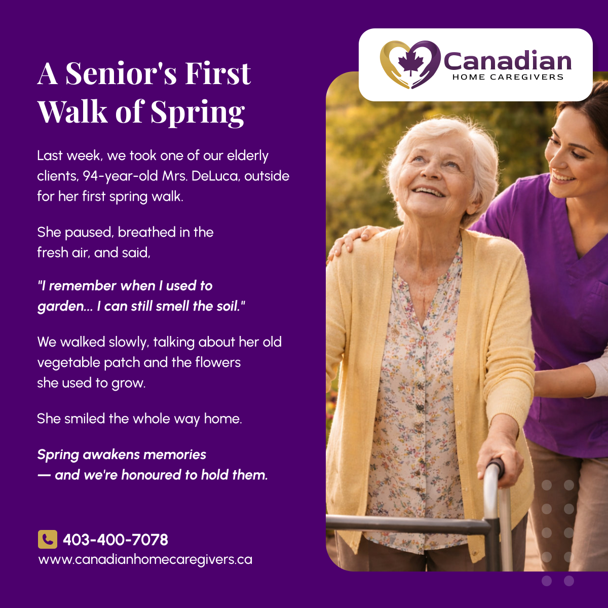 canadianhomecg's tweet image. Spring isn’t just about the season — it’s about memories, fresh air, and  moments that bring joy. 💜💛  

📞 Call 403-400-7078 or visit our website to learn more 
🌐 canadianhomecaregivers.ca  

#HomeCareCalgary #Alberta #HomeCareAlberta #CanadianHomeCaregivers  #Caregivers