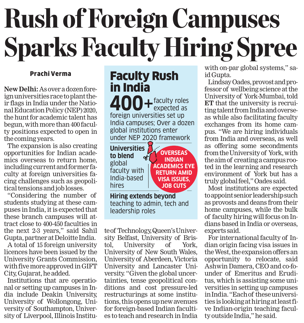 c_aashish's tweet photo. As over a dozen foreign universities race to plant their flags in India under the National Education Policy (NEP) 2020, the hunt for academic talent has begun, with more than 400 faculty positions expected to open in the coming years. https://t.co/eIpAOKlVBd