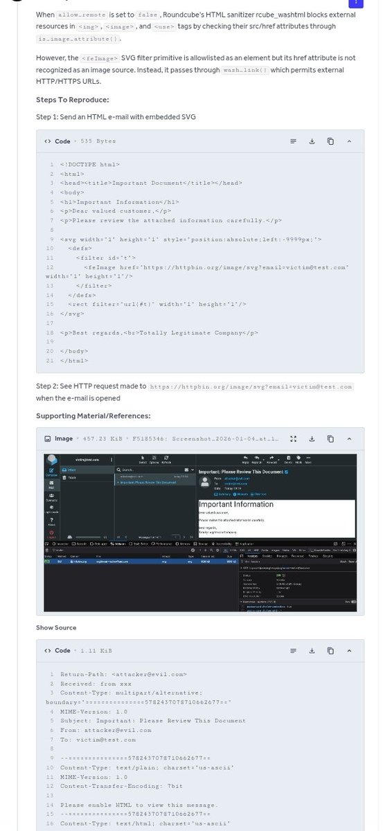 AbhiX10010's tweet photo. SVG filter primitives bypass remote image blocking, enabling email tracking without consent.
#hackerone #hackers #bugbounty
#pentesters #burpsuite #hacktips https://t.co/cJxhllUkLI