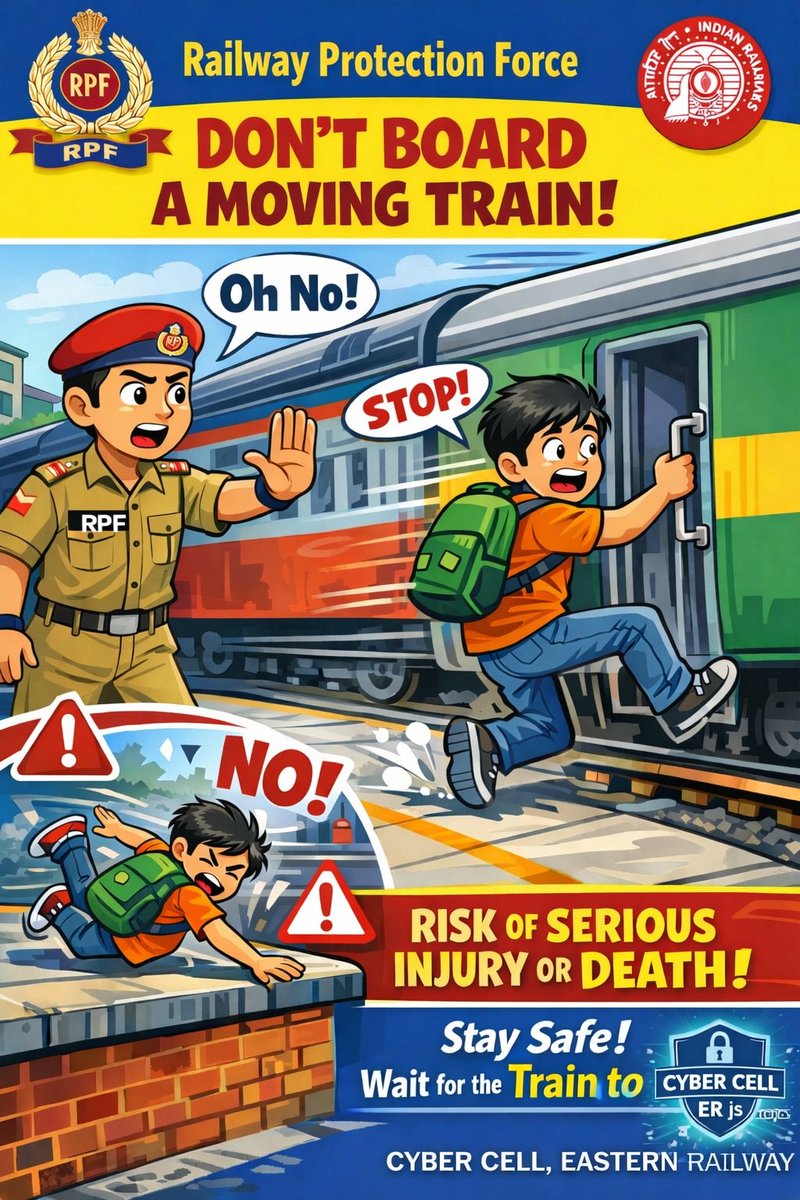 ErRpf's tweet image. Don’t risk your life—never board a moving train! Safety first: Wait for the train to stop. चलती ट्रेन में चढ़ना जानलेवा है! सुरक्षा पहले—ट्रेन रुकने पर ही चढ़ें। চলন্ত ট্রেনে ওঠা প্রাণঘাতী! নিরাপত্তা আগে—ট্রেন থামলে তবেই উঠুন।
#passengersafety #Awareness
@RPF_INDIA
@RailMinIndia
