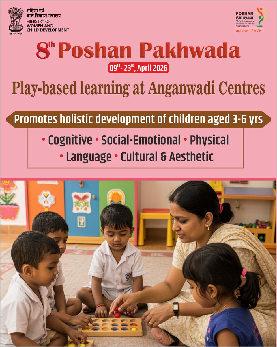MinistryWCD's tweet image. Play-based ECCE at Anganwadi Centres creates joyful, child-friendly vibrant spaces that nurture cognitive, social-emotional, physical, language, cultural &amp;amp; aesthetic development of children aged 3-6 years.
#First6YearsOfLife #ECCE #PoshanPakhwada

@PIBWCD