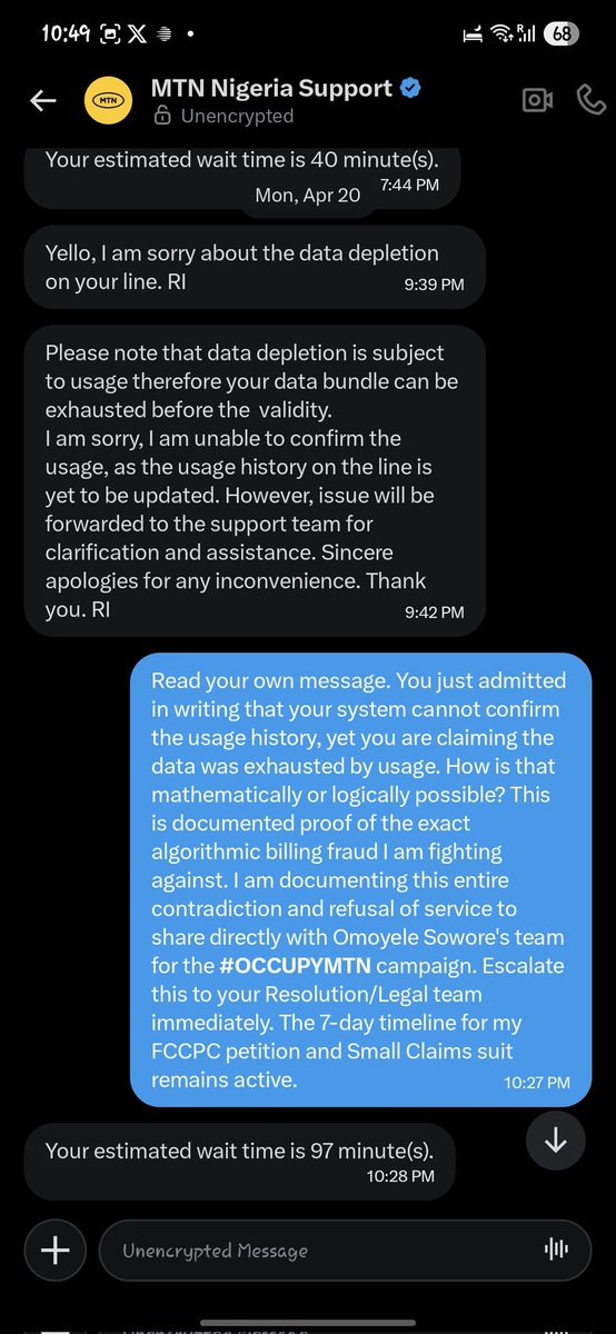 AdebowaleMAdew1's tweet photo. You spoke my exact reality! 🎯 'Data shouldn't be using itself' yet @MTNNG swallowed my 800GB (₦125k) plan and their agent admitted in my DMs they have NO usage logs! (See attached 👇🏾). As for handouts, @AirtelNigeria tried to bribe me with '1-month free data' yesterday to bury my ₦510k refund for a dead router. I left it on their manager's desk! We reject the PR airtime. The 7-day countdown to the tribunal is active! ⚖���🥥 #OCCUPYMTN