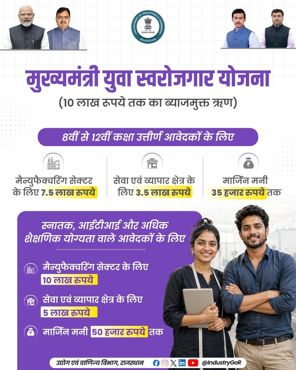 IndustryGoR's tweet photo. राजस्थान के युवाओं के लिए स्वयं का व्यवसाय शुरु करने का सुनहरा अवसर। मुख्यमंत्री युवा स्वरोजगार योजना में मिलेगा 10 लाख रुपये तक का ब्याजमुक्त ऋण। अधिक जानकारी के लिए क्लिक करें...

https://t.co/s2IYke5qio

#industryrajasthan #Rajasthan #आपणो_अग्रणी_राजस्थान #बढ़ता_राजस्थान_हमारा_राजस्थान #entrepreneur