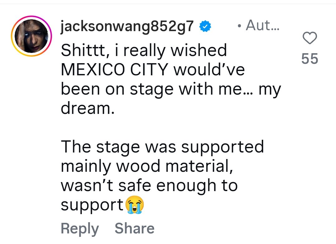 JacksonWGlobal's tweet image. [#JACKSTAGRAM] 260424

Jackson Wang commented on his IG post:
"Shittt, i really wished MEXICO CITY would've been on stage with me... my dream.

The stage was supported mainly wood material, wasn't safe enough to support 😭" 

#MAGICMAN2inMexico #JacksonWang #王嘉尔 #잭슨