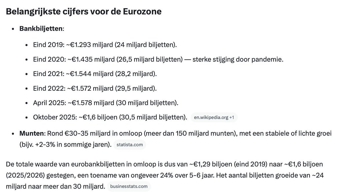 In 2025 is er in België 25,5 miljard  euro uit bankautomaten afgehaald. 39,9% van de bevolking geeft nog steeds de voorkeur aan cash betalingen.
( bron : VTM journaal  23.04.2026)

Cash geld wordt in de hele Eurozone nog zeer veel gebruikt.  Ik 2025 waren er in de EU 30,5 miljard