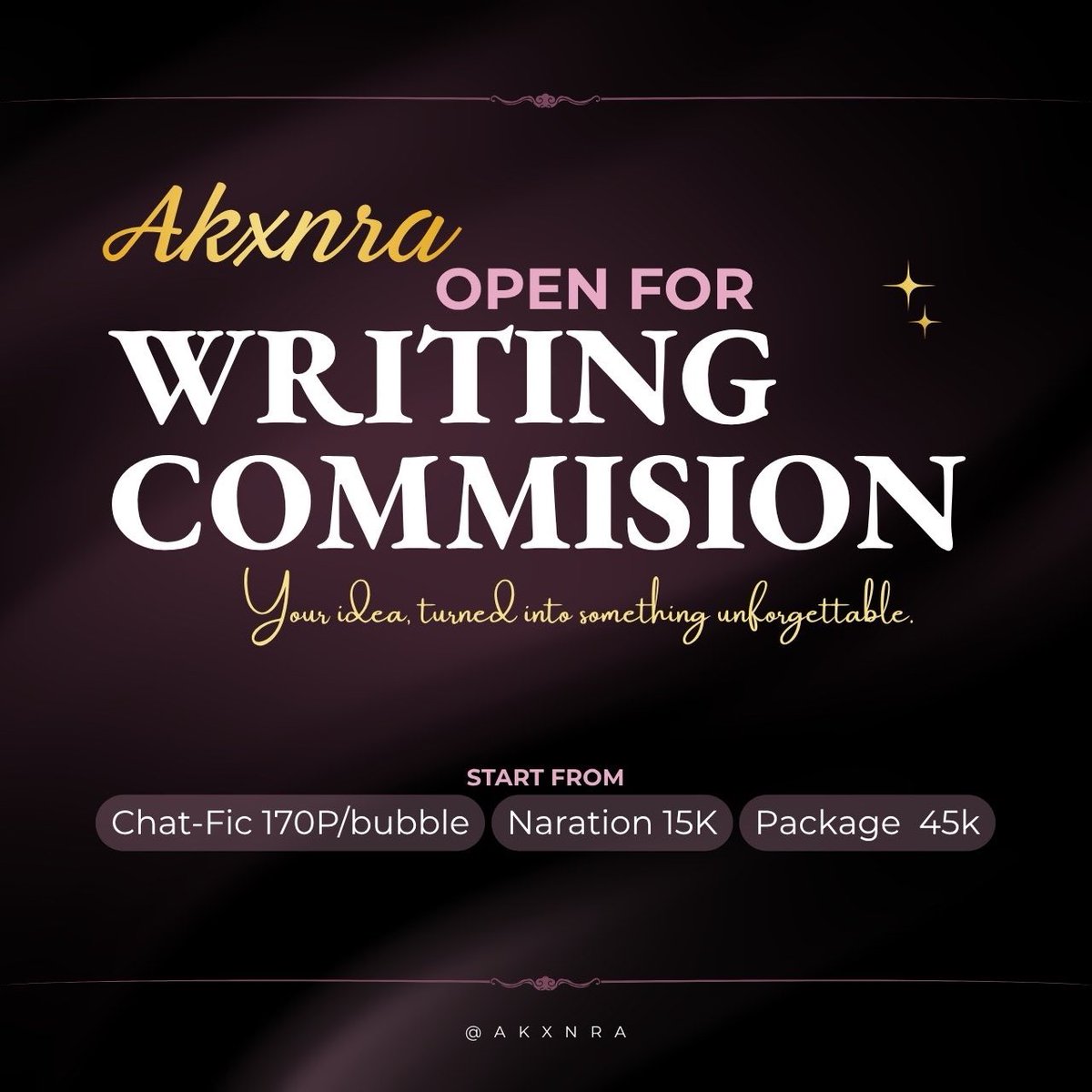 [<a href="/akxnra/">Aksa 【IWNU】</a> OPEN WRITING COMMISSION ]

Any interaction will be appreciated-!

Hello all, singkat cerita aku akhirnya memutuskan untuk open writing commision. Aku palugada jadi menerima jenis commision apapun itu dan seaneh apapun, tidak punya notp juga.

Always open sampai kiamat