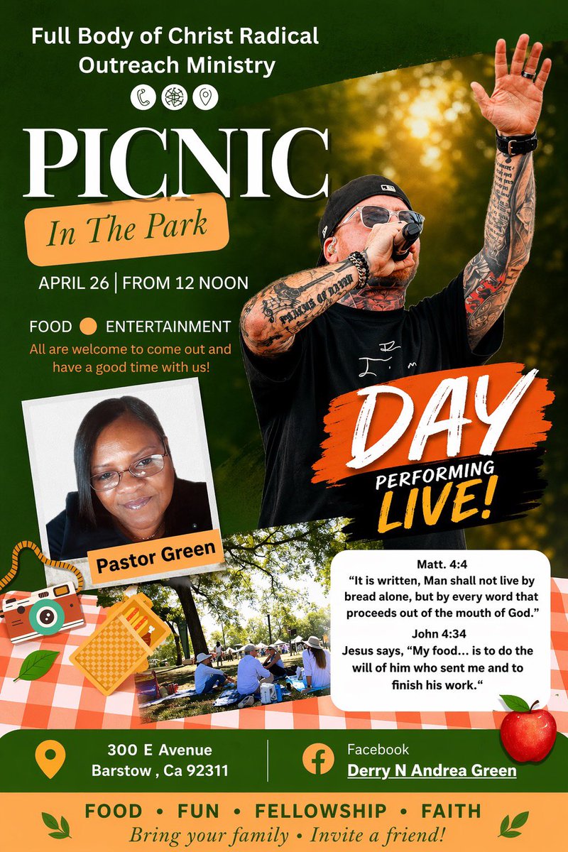 psalmsofdavid's tweet photo. BARSTOW — COME OUTSIDE 🌳

Food. Fellowship. The Presence of God. 

🎤🔥

Come ready — this will be a MOVE.

📅 APRIL 26
⏰ 12 NOON
📍 300 E Avenue, Barstow, CA

Hosted by: Full Body of Christ Radical Outreach Ministry 

#DayElors #Ministry #Outreach #Davidic #Worship https://t.co/nCyNjwf3xT