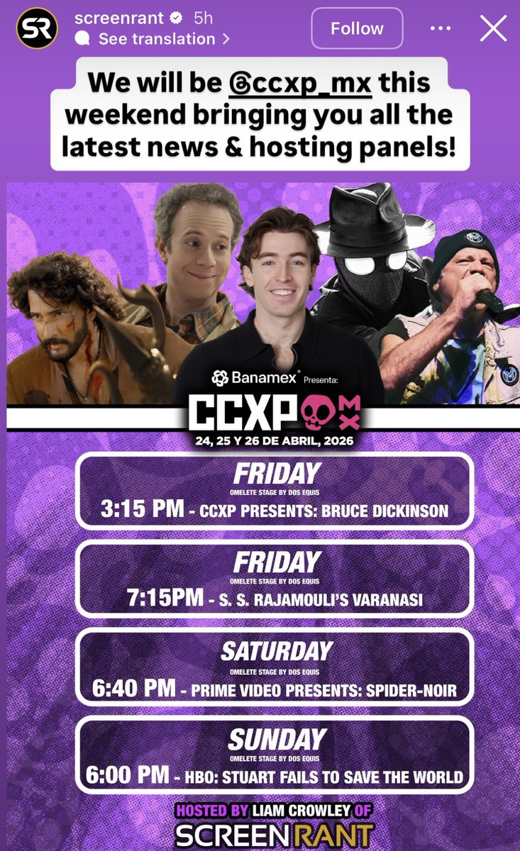 MaheshFanTrends's tweet photo. Screenrant media person @LiamTCrowley will be the host at @CCXPMexico, where he will interact with @ssk1122

The @VaranasiMovie slot is scheduled for April 24th at 7:15 PM (Mexico time), which corresponds to April 25th at 6:45 AM (IST).

#MaheshBabu @urstrulyMahesh @ssrajamouli https://t.co/mDRQRNqhPu