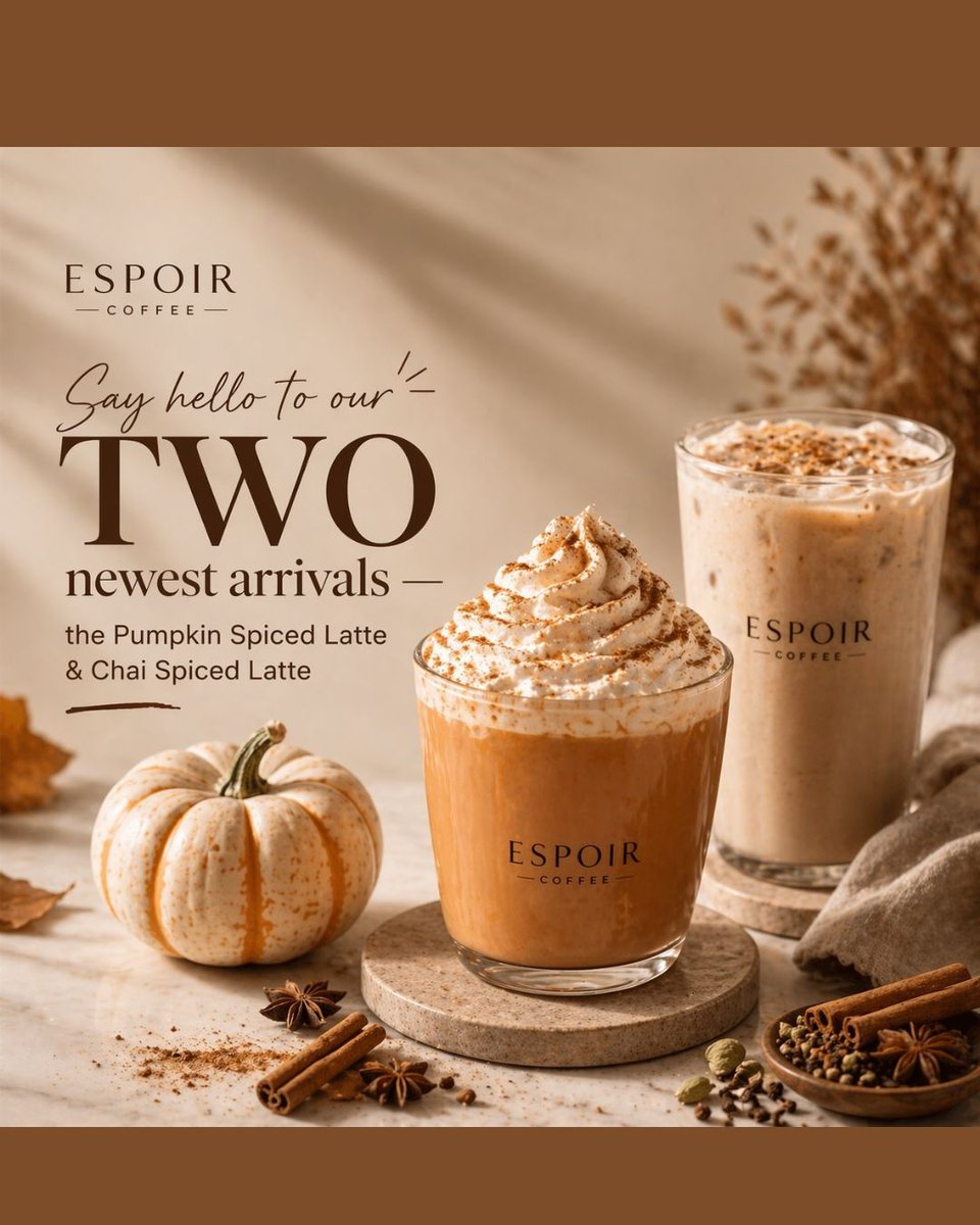 bakesuae73535's tweet image. NEW Pumpkin Spiced Latte &amp;amp; Chai Spiced Latte
✨ Friday just got an upgrade!

📍 Al Furjan West, AZIZI Star Building
🛵 Free Delivery | Dine In | Takeaway
📞 04 577 2693 | espoircoffee.ae

#EspoirCoffee
#PumpkinSpiceLatte
#ChaiLatte
#DubaiCafe
#AlFurjan
#NewMenu
#Friday