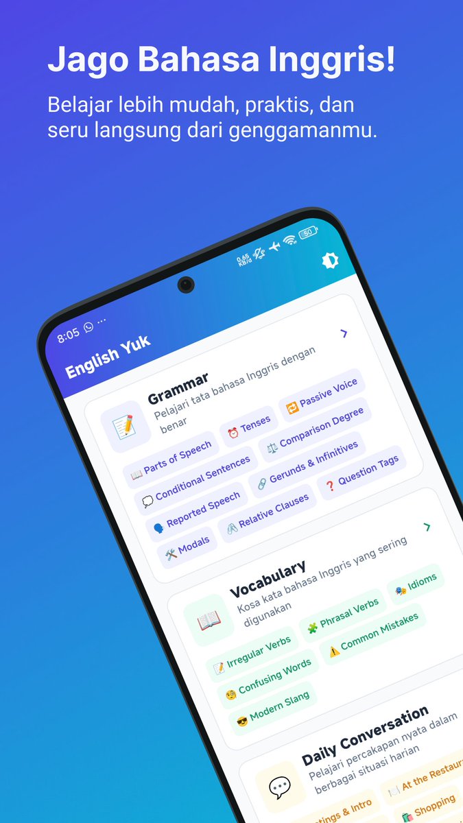 firmanvsly's tweet image. yang lagi belajar bahasa inggris dikit-dikit bisa coba aplikasi ini ya👀 ada materi + kuis serta bisa offline juga🤩 coba sekarang👉 play.google.com/store/apps/det…

#belajar #bahasa #inggris #belajarbahasa #belajaringgris #english #grammar #vocab #verb #offline