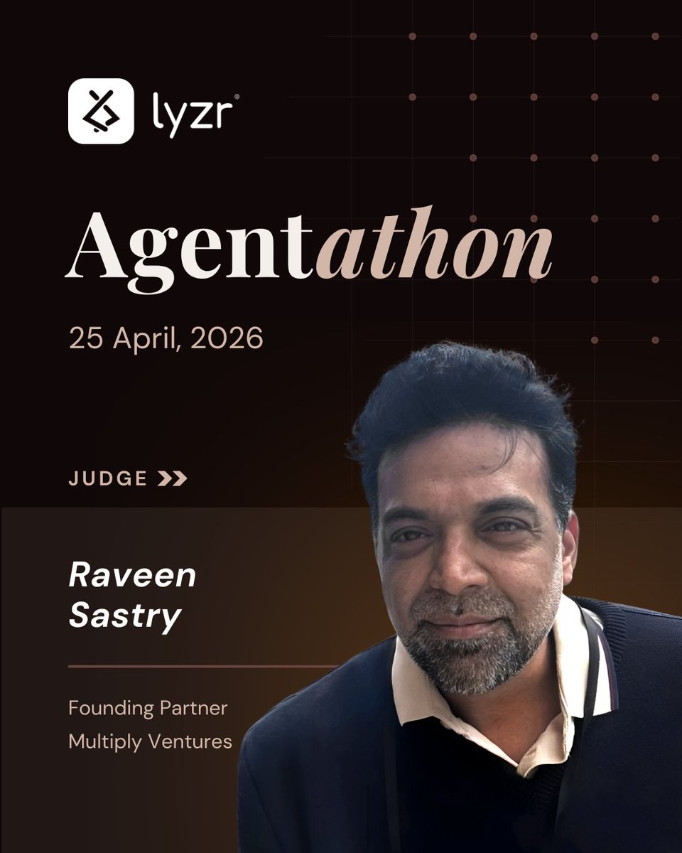 lyzr__ai's tweet image. Meet Raveen Sastry joining us as a judge for #LyzrAgentathon

He is the Founding Partner at Multiply Ventures, backing bold founders before they were fundable. He has an eye for what is real and what is just a pitch.

#LyzrAI #Architect