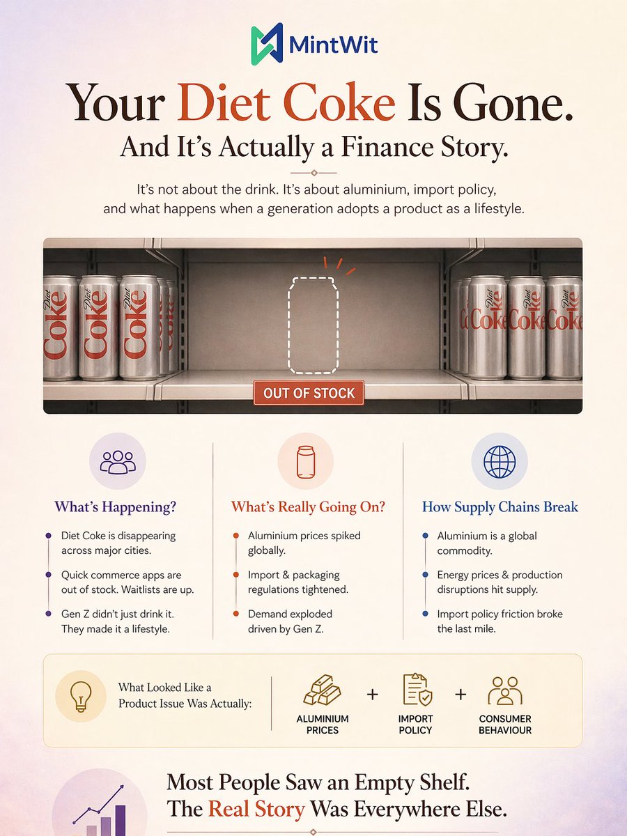 MintWitX's tweet image. Your Diet Coke is gone. Not a Coca-Cola problem. It's aluminium prices and import policy.

Most people saw an empty shelf. The real story was everywhere else. 

#DietCoke #SupplyChain #GenZ #FinanceTwitter