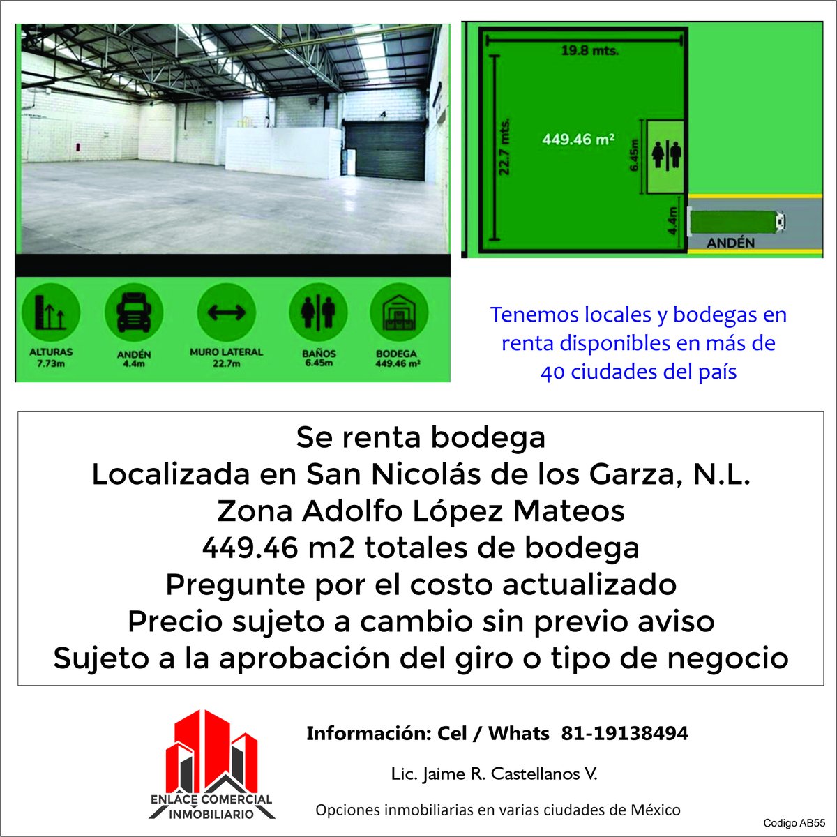 Se renta bodega en San Nicolás de ls Garza NL 
Vea detalles en la imagen 
Más detalles al Cel/WhatsApp: 8119138494
Lic. Jaime Castellanos / Enlace Comercial Inmobiliario
En este enlace puede ir a nuestro WhatsApp:
api.whatsapp.com/send?phone=528…